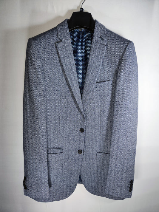 Menswear Black Label Blue Herringbone Tweed Blazer Long